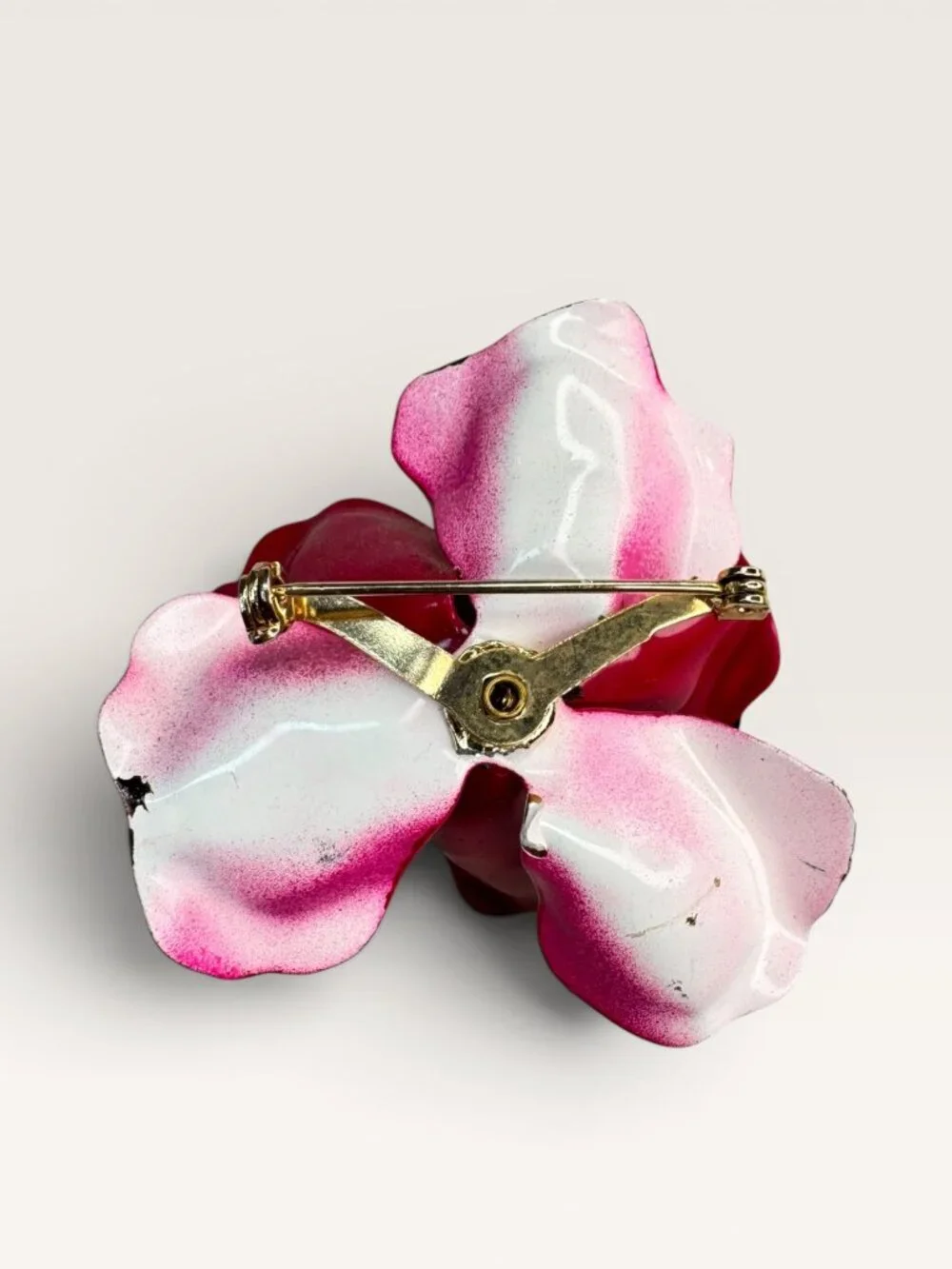 1970s Fuchsia Pink Enamel Flower Brooch Layered Floral Faux Pearl Vintage